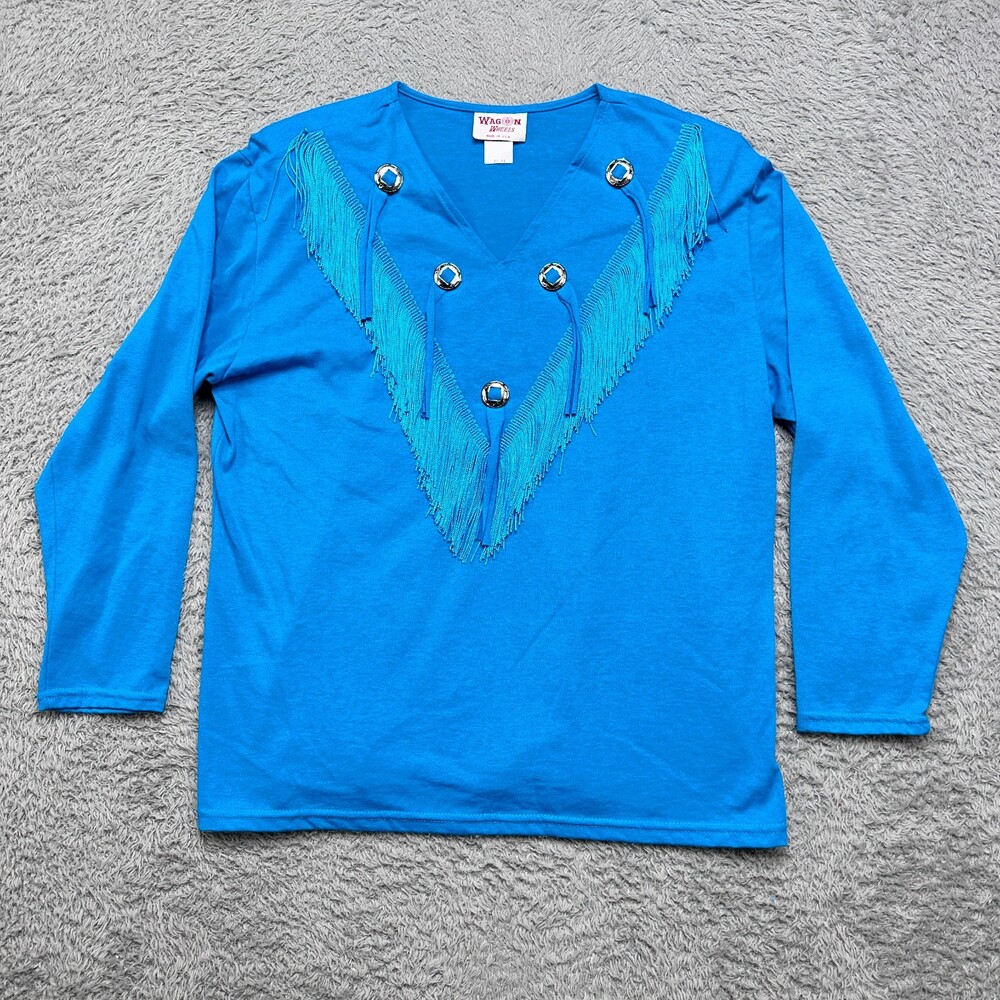 Vintage 90s Western Fringe Shirt Large Blue Beaded Cowgirl Rodeo USA Made